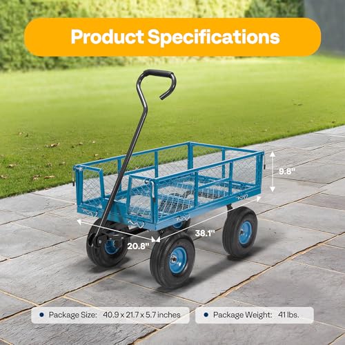 Heavy Duty Mesh Steel Garden Cart Folding Utility Wagon with Removable Sides and 10 inch Tire (Black) X689