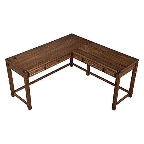 Rustic L-Shape Office Desk with Power Port Drawer, Champagne Oak Finish V5099