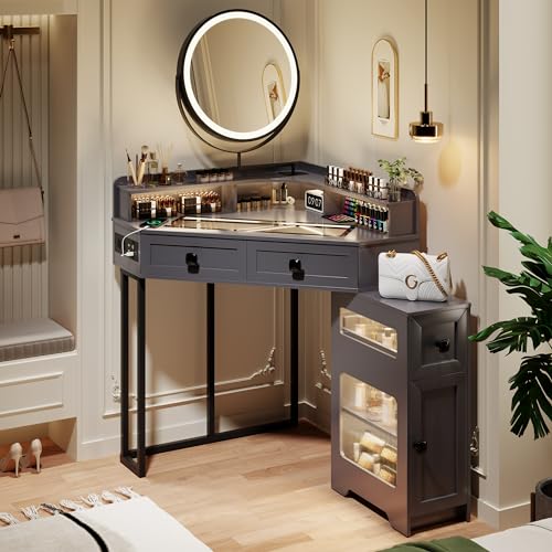 White Glass Top Corner Vanity with Mirror and Lights W8068