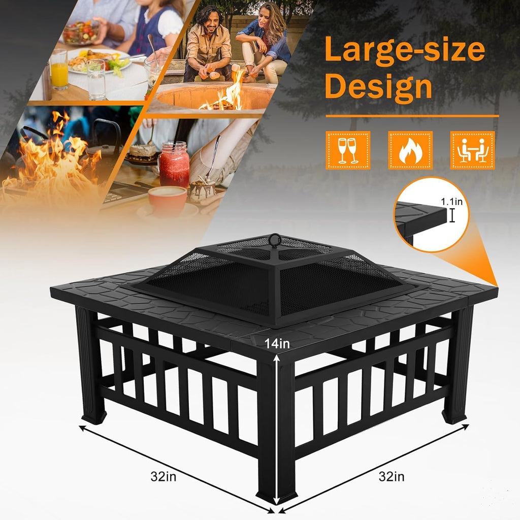 32in Square Black Metal Fire Pit V2399