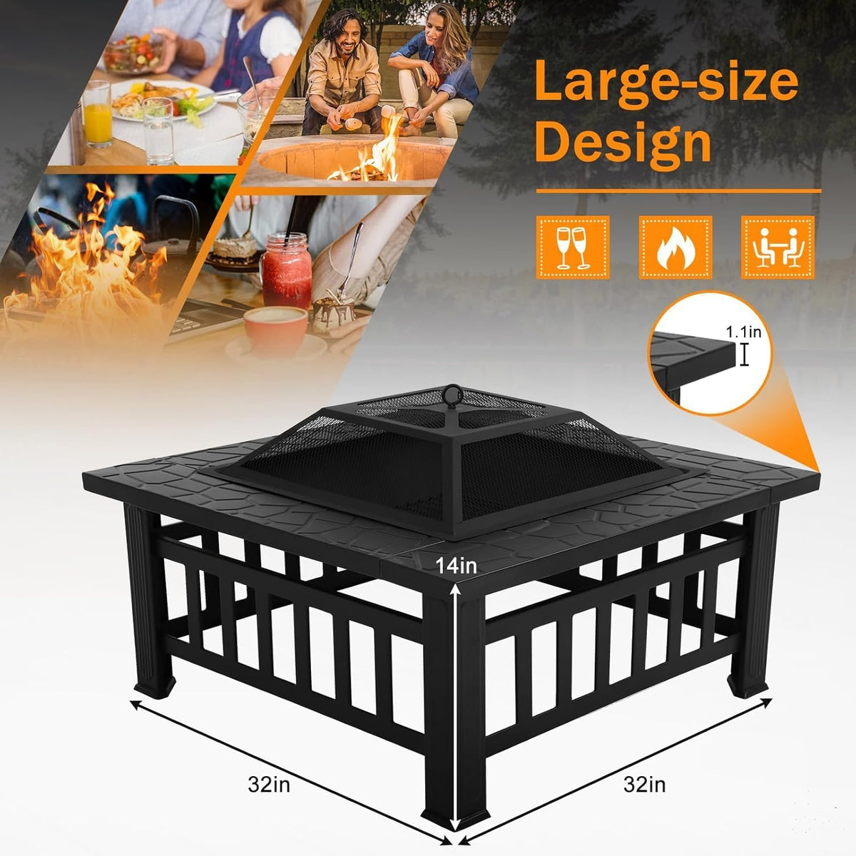 32in Square Black Metal Fire Pit V2399