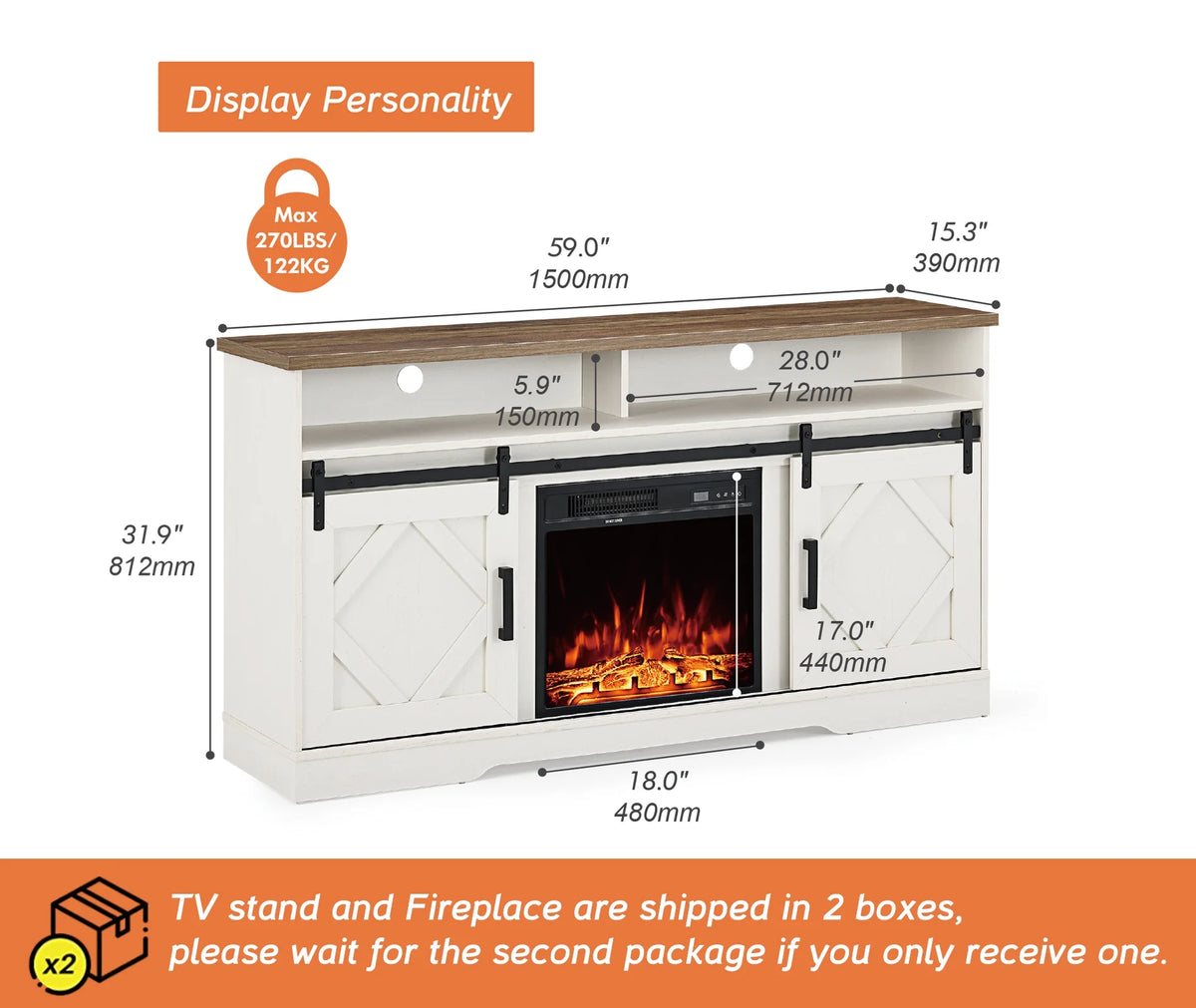 White Wood Electric Fireplace TV Stand H996138
