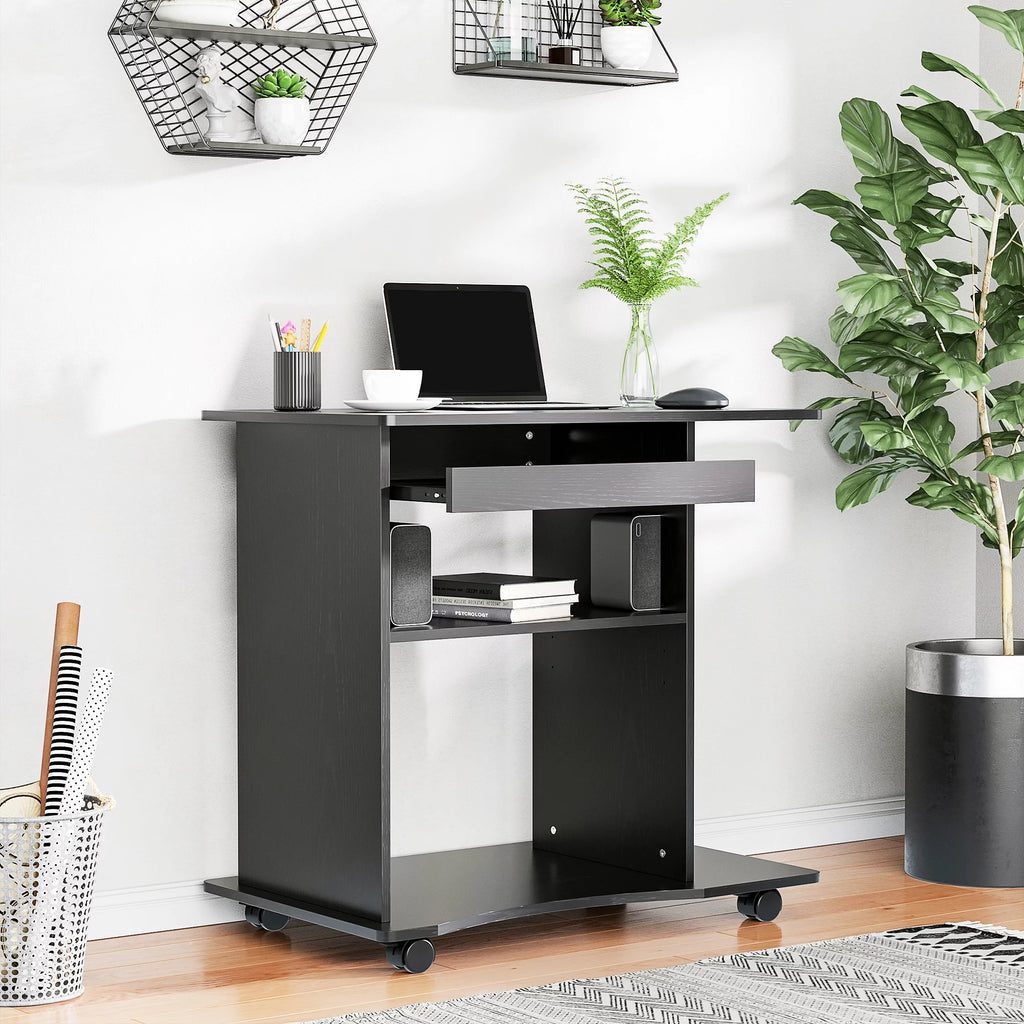 Black Mobile Computer Desk with Keyboard Tray Q215