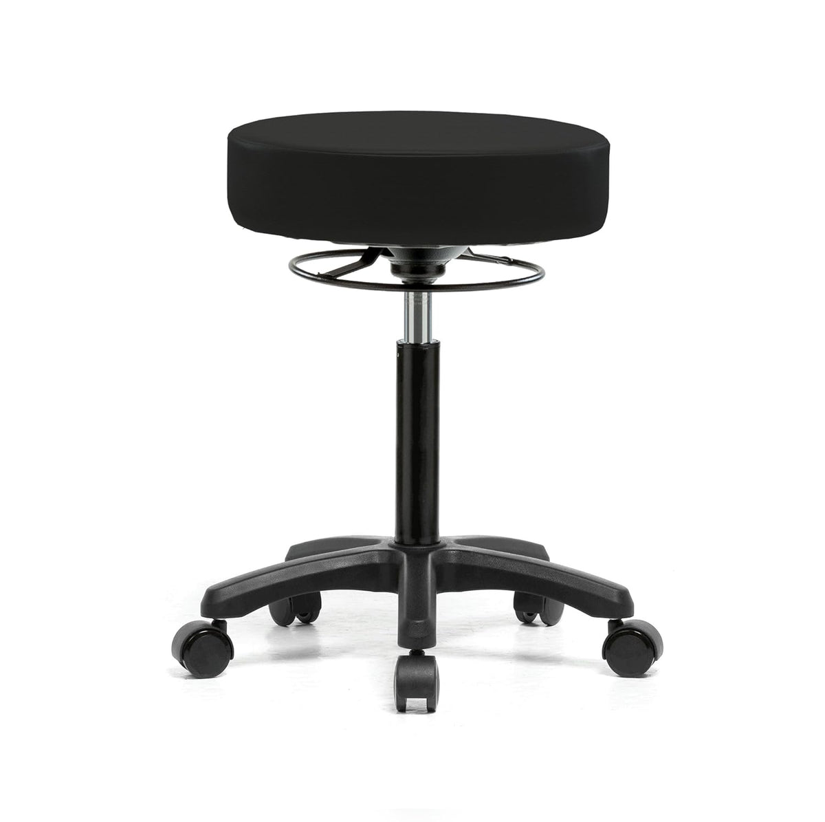 Rolling Height Adjustable Stool with Footring, Black Vinyl Y216740