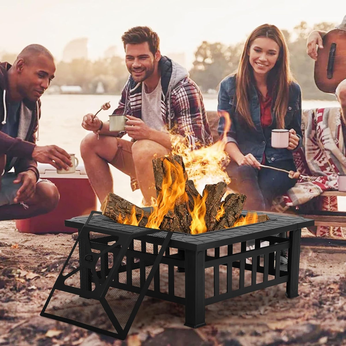 32in Square Black Metal Fire Pit V2399