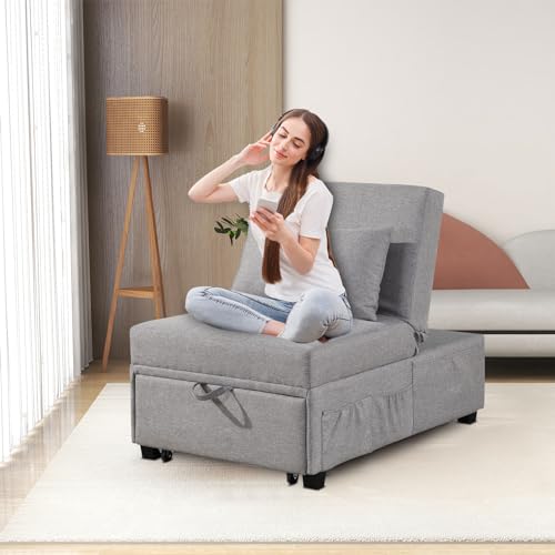 4 in 1 Convertible Linen Fabric Sleeper Chair Bed Ottoman with Adjustable Backrest & Pillow Q278
