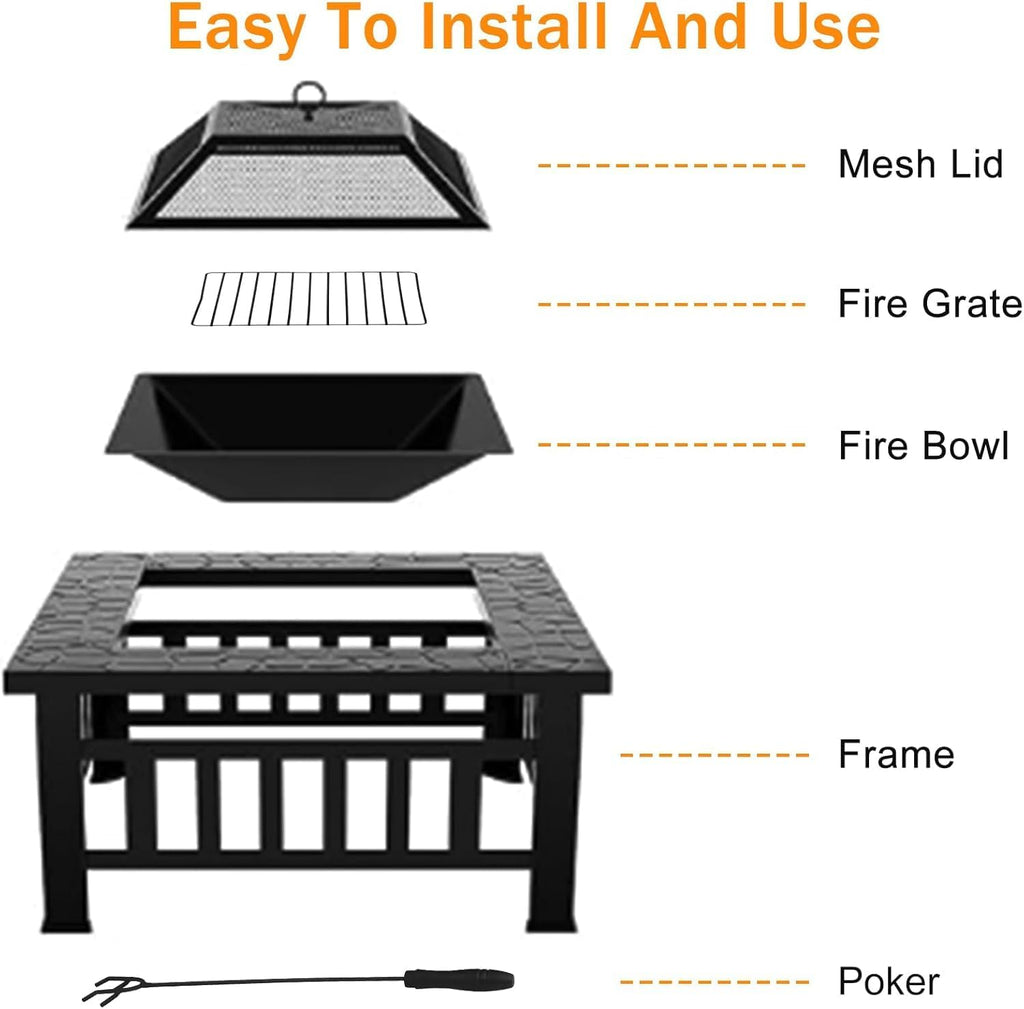 32in Square Black Metal Fire Pit V2399