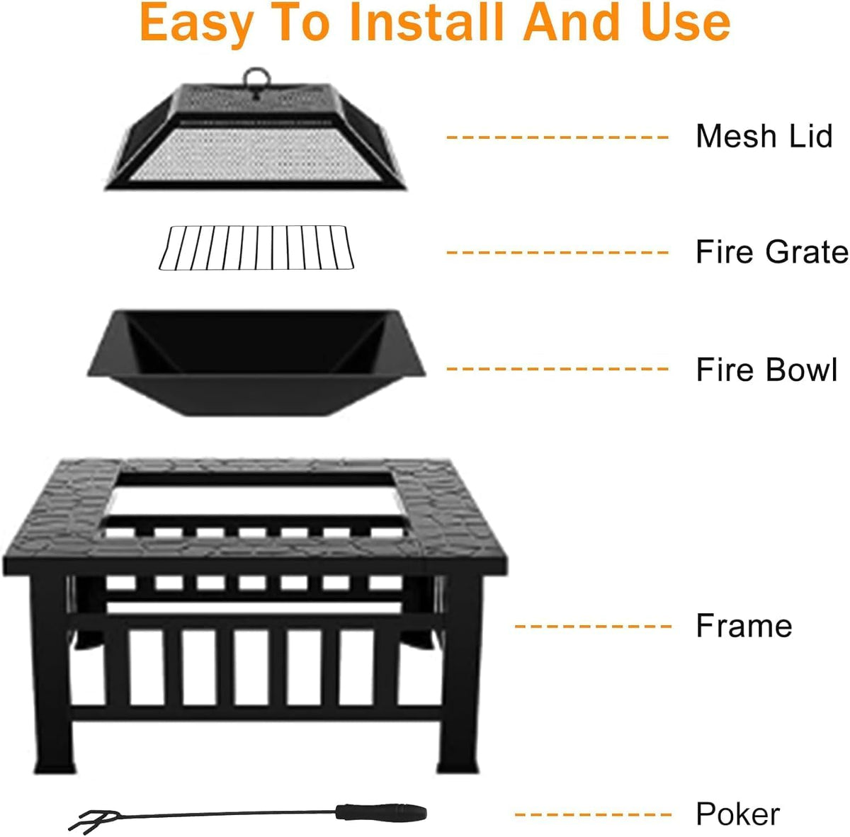 32in Square Black Metal Fire Pit V2399