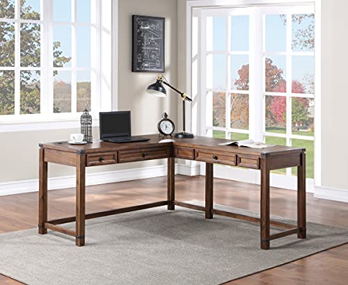Rustic L-Shape Office Desk with Power Port Drawer, Champagne Oak Finish V5099