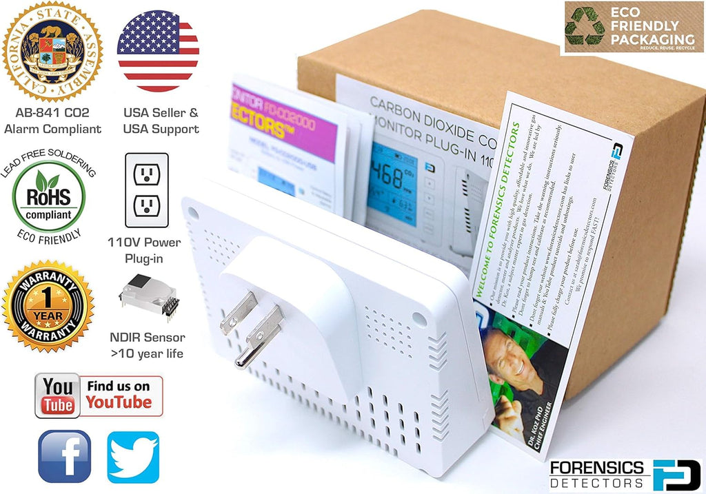 Carbon Dioxide Monitor Wall Plug-in AC 10 Year Life CO2 Meter N500081