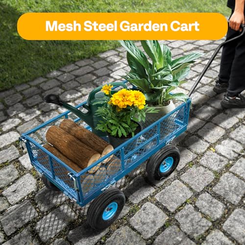 Heavy Duty Mesh Steel Garden Cart Folding Utility Wagon with Removable Sides and 10 inch Tire (Black) X689
