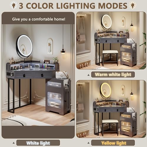 White Glass Top Corner Vanity with Mirror and Lights W8068