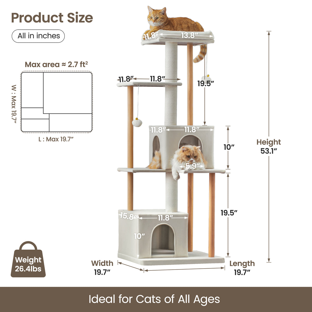 Beige Multi-Level Wood Cat Tree with 2 Condos and Perch E934528