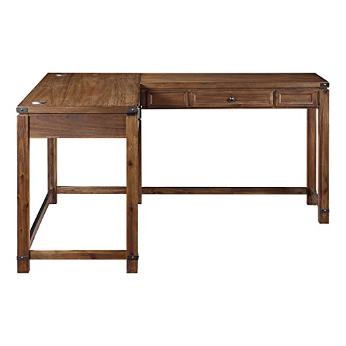 Rustic L-Shape Office Desk with Power Port Drawer, Champagne Oak Finish V5099