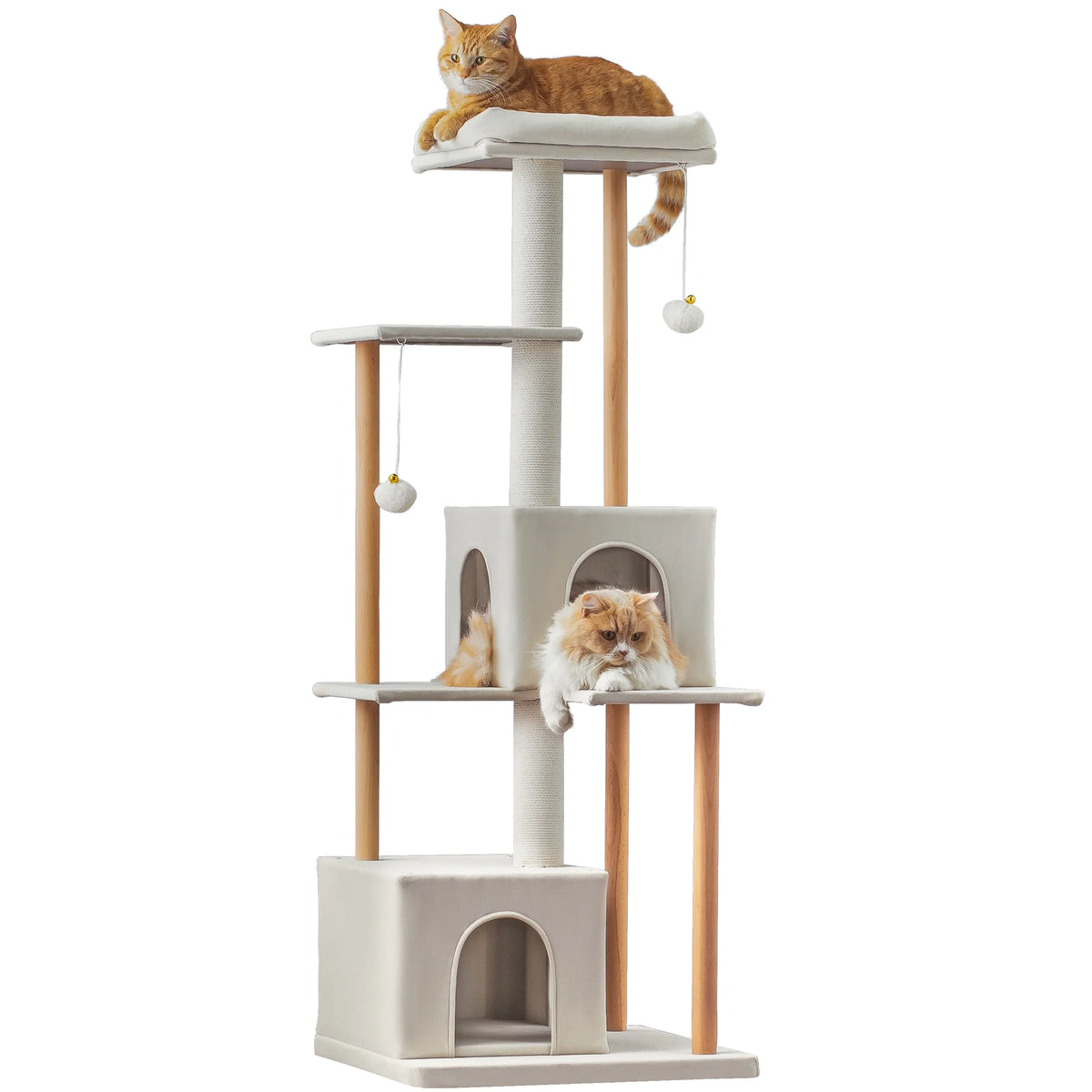Beige Multi-Level Wood Cat Tree with 2 Condos and Perch E934528
