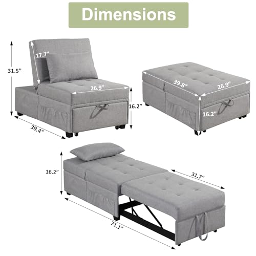 4 in 1 Convertible Linen Fabric Sleeper Chair Bed Ottoman with Adjustable Backrest & Pillow Q278