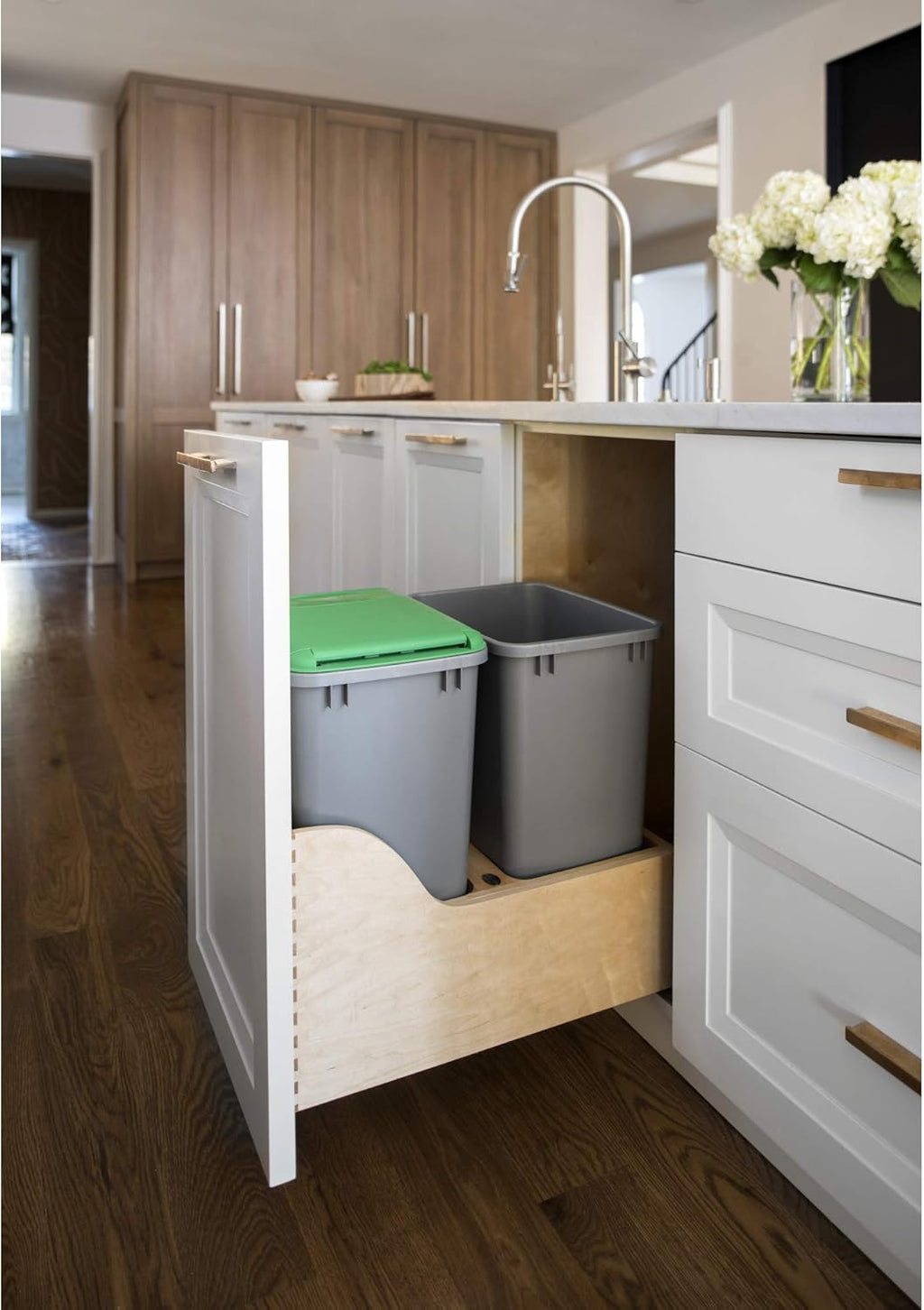 Double 35-Quart Maple Bottom Mount Kitchen Pullout Waste Container Trash Can with Soft-Close Slides, Silver D13243