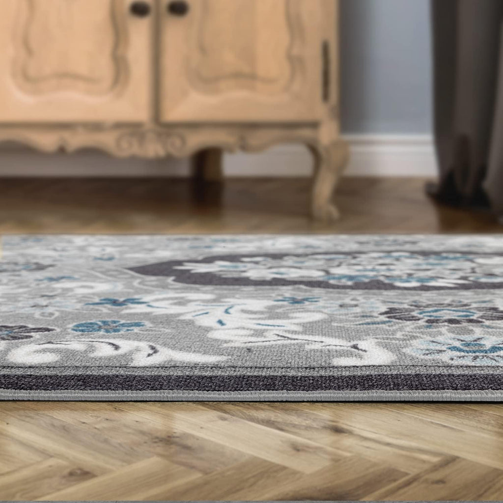 Gray 6'7" x 9' Non-Skid Rubber Backing Floral Area Rug N38681
