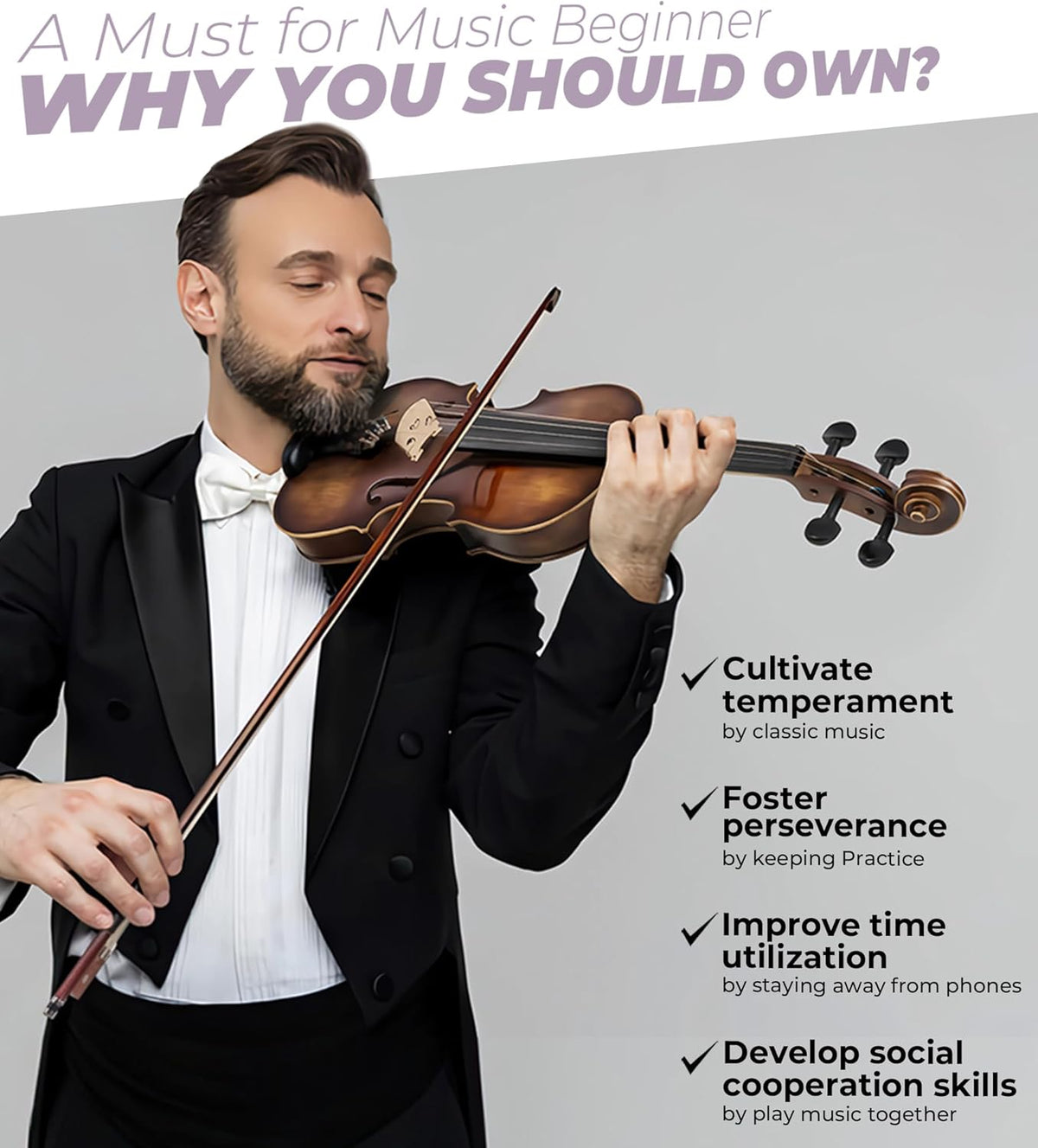 Solid Wood Violin 4/4 Full Size Set with Lightweight Hard Case Z959