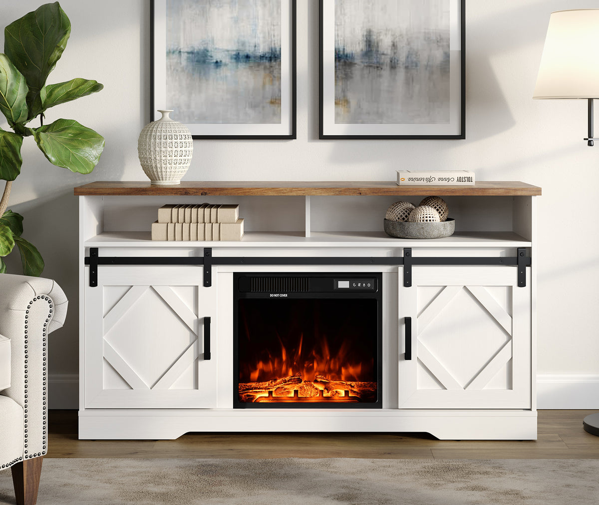 White Wood Electric Fireplace TV Stand H996138