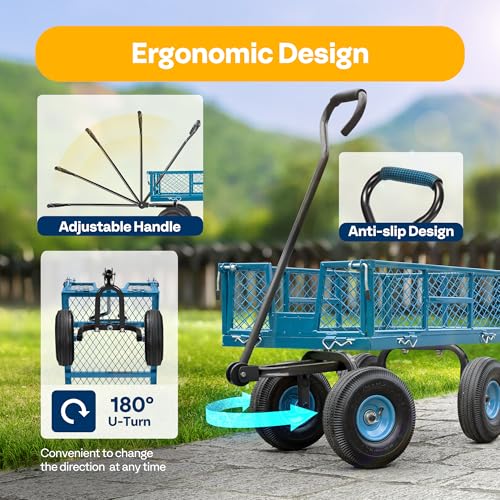 Heavy Duty Mesh Steel Garden Cart Folding Utility Wagon with Removable Sides and 10 inch Tire (Black) X689