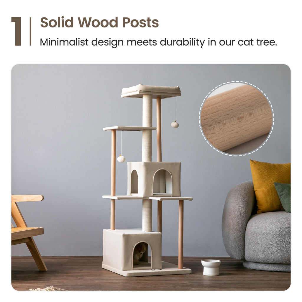 Beige Multi-Level Wood Cat Tree with 2 Condos and Perch E934528
