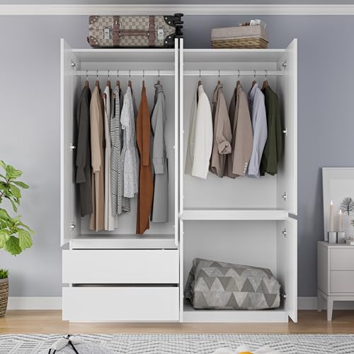 White 4 Door 2 Drawers Wooden Armoire Wardrobe I5230