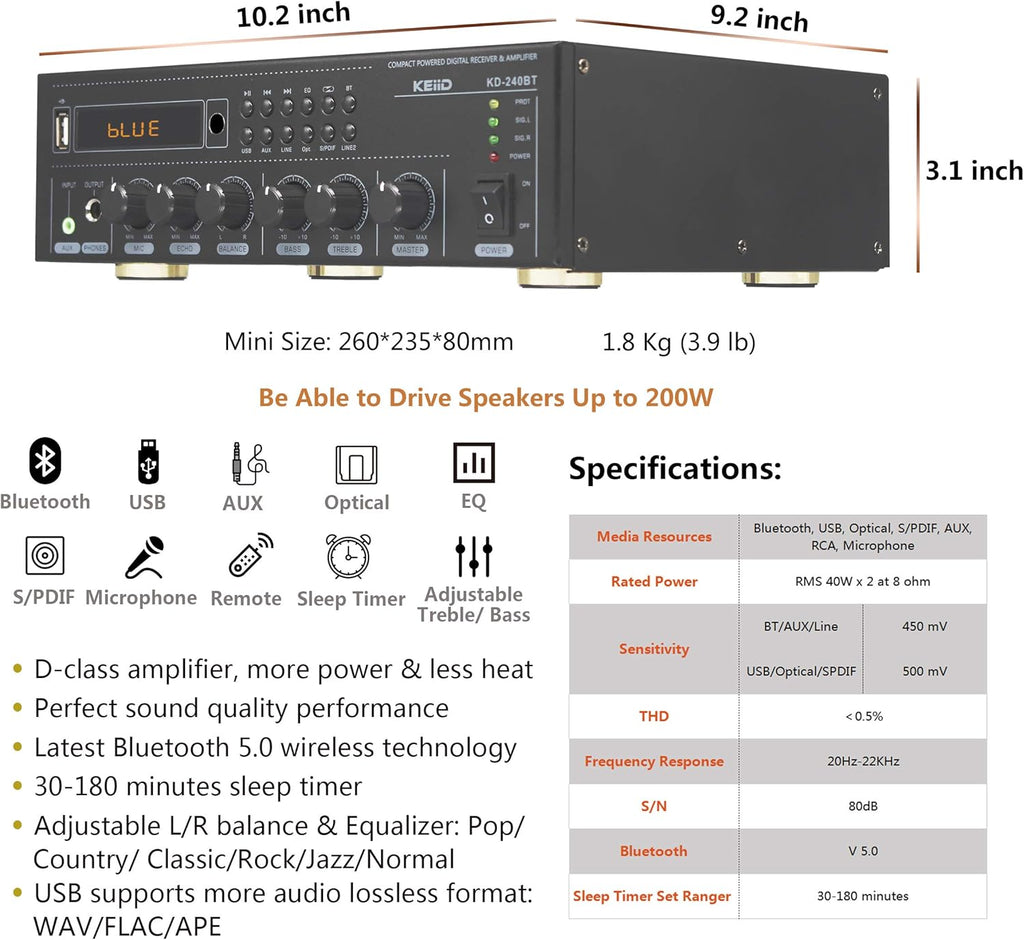 Bluetooth Stereo Digital Amplifier Receiver 2X 40W with Remote Control Z874