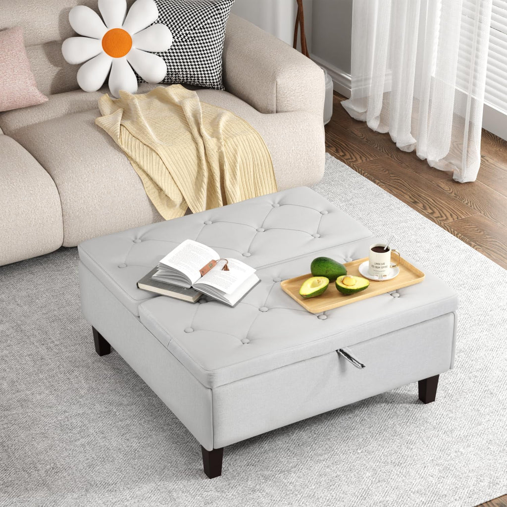 Light Gray Linen Square Storage Ottoman L3069