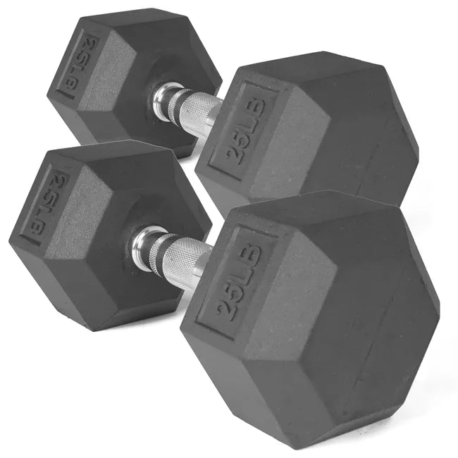 25 LB Pair Black Rubber Coated Hex Dumbbell J7736