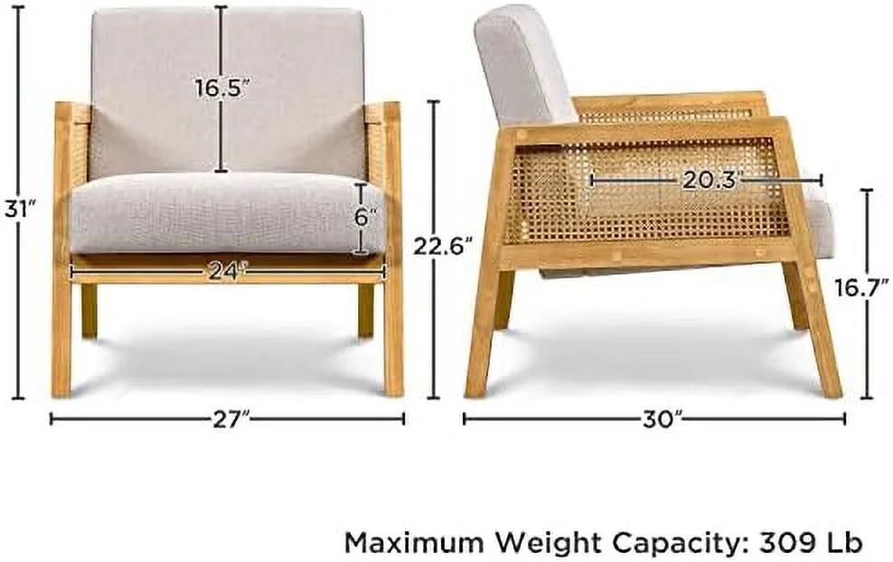 Ivory Boucle Fabric Accent Chair with Wood Armrest and Legs 2 pcs J56071