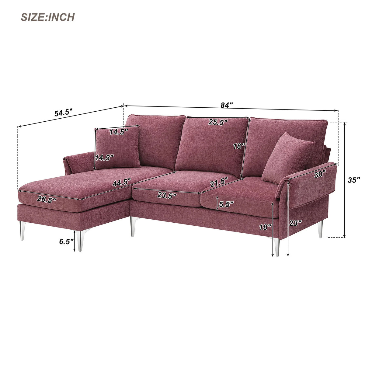 Dark Pink L-Shaped Convertible Sectional Sofa with Reversible Chaise Lounge Z323291