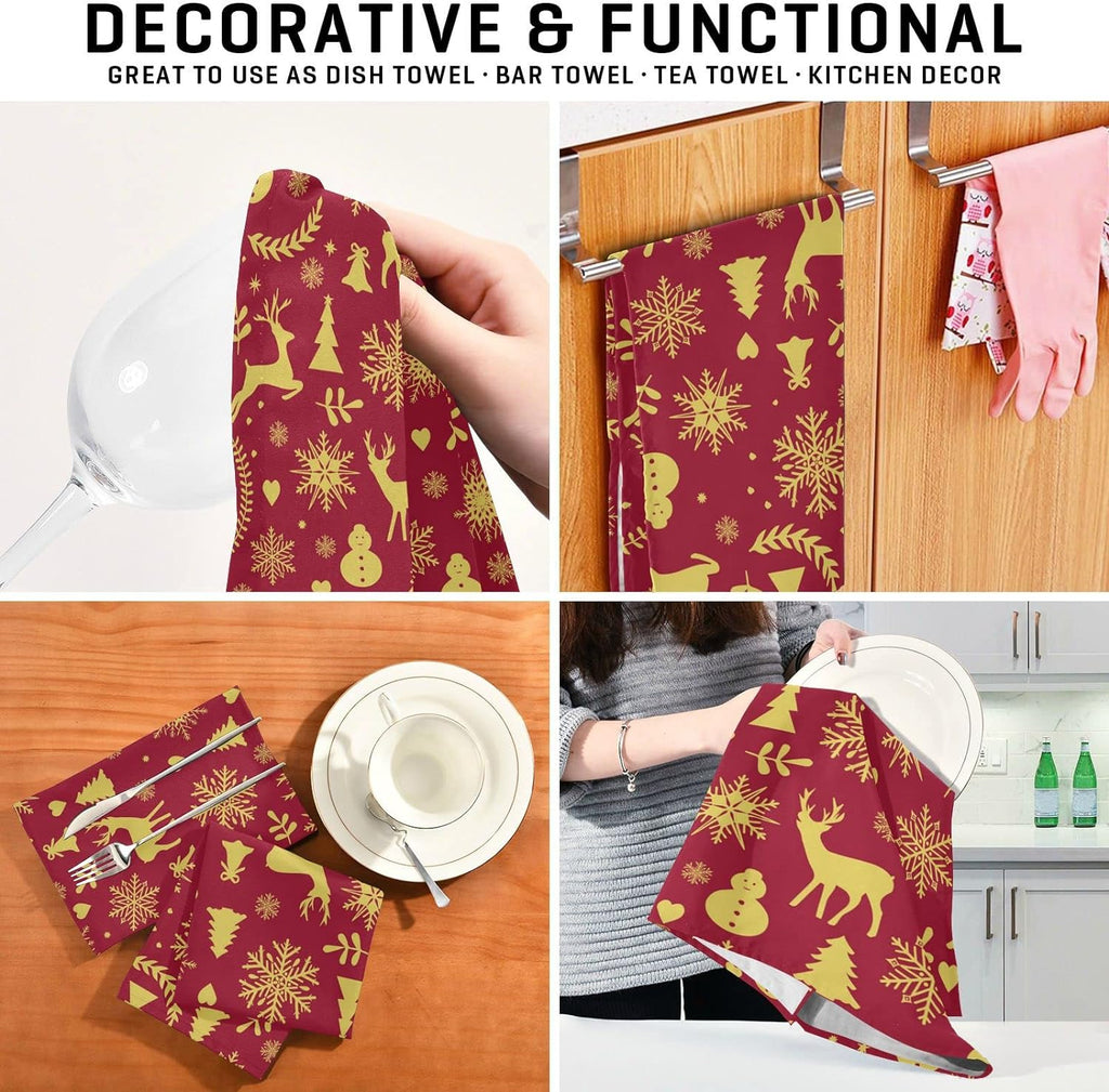 Reindeer Bells Snowflakes Kitchen Towels Set of 4 Dishcloths Ultra Absorbent 28'' x 18'' N772