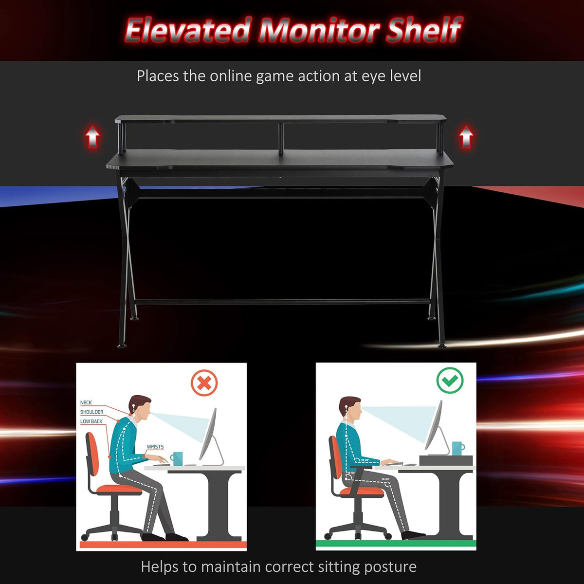 Black 55 inch Gaming Desk with Monitor Stand and Headphone Hook E926276