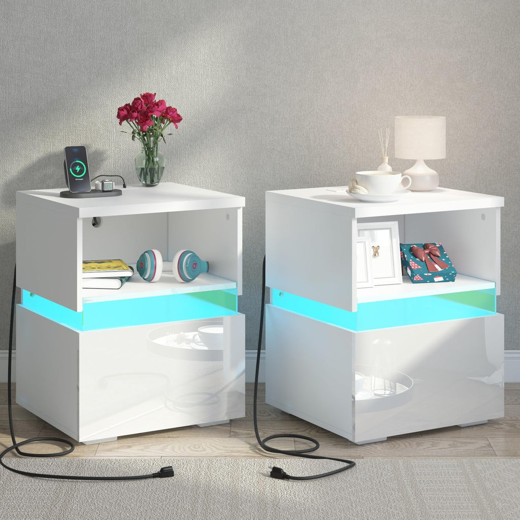 Black High Gloss Nightstand Set of 2 with Charging Station T6199