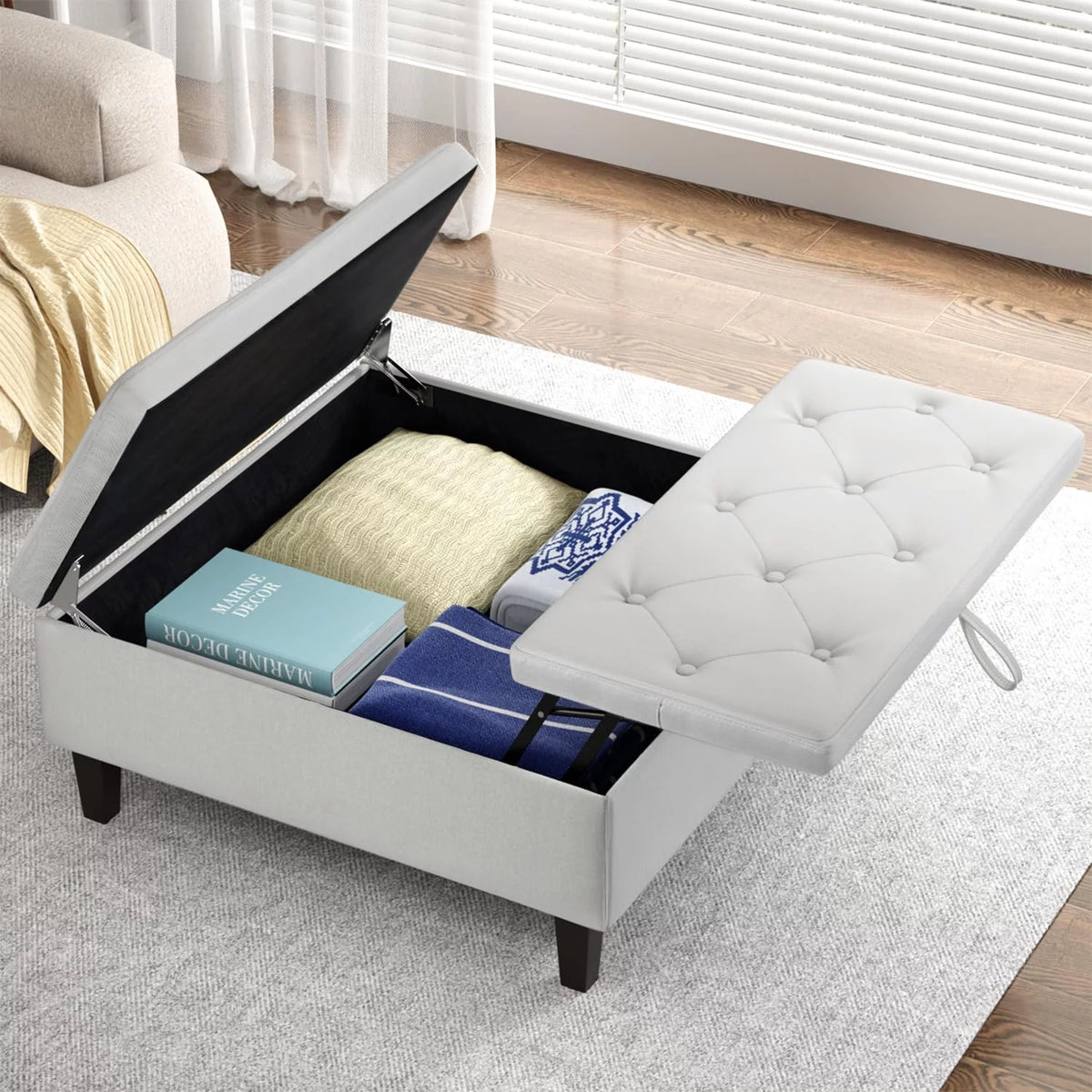 Light Gray Linen Square Storage Ottoman L3069