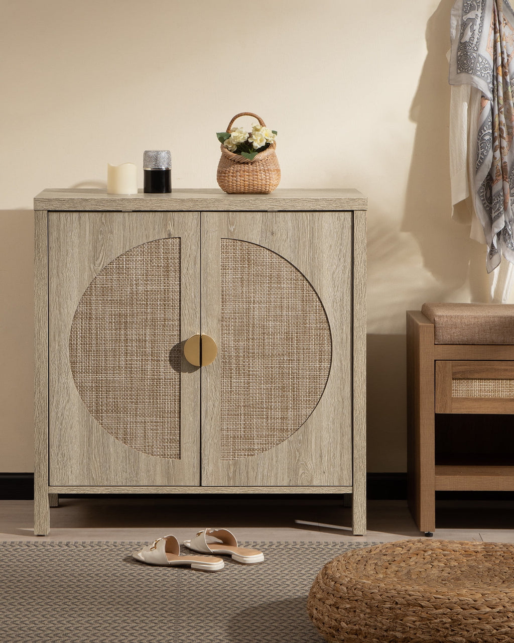 Oak Rattan Sideboard Storage Cabinet Set of 2 Y5141