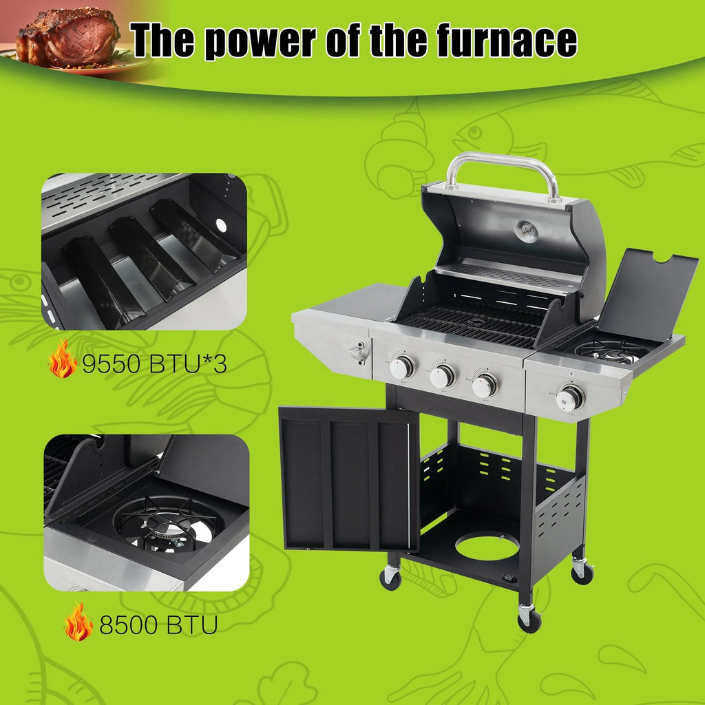 3 Burner Stainless Steel Propane Gas Grill with Side Burner O65216