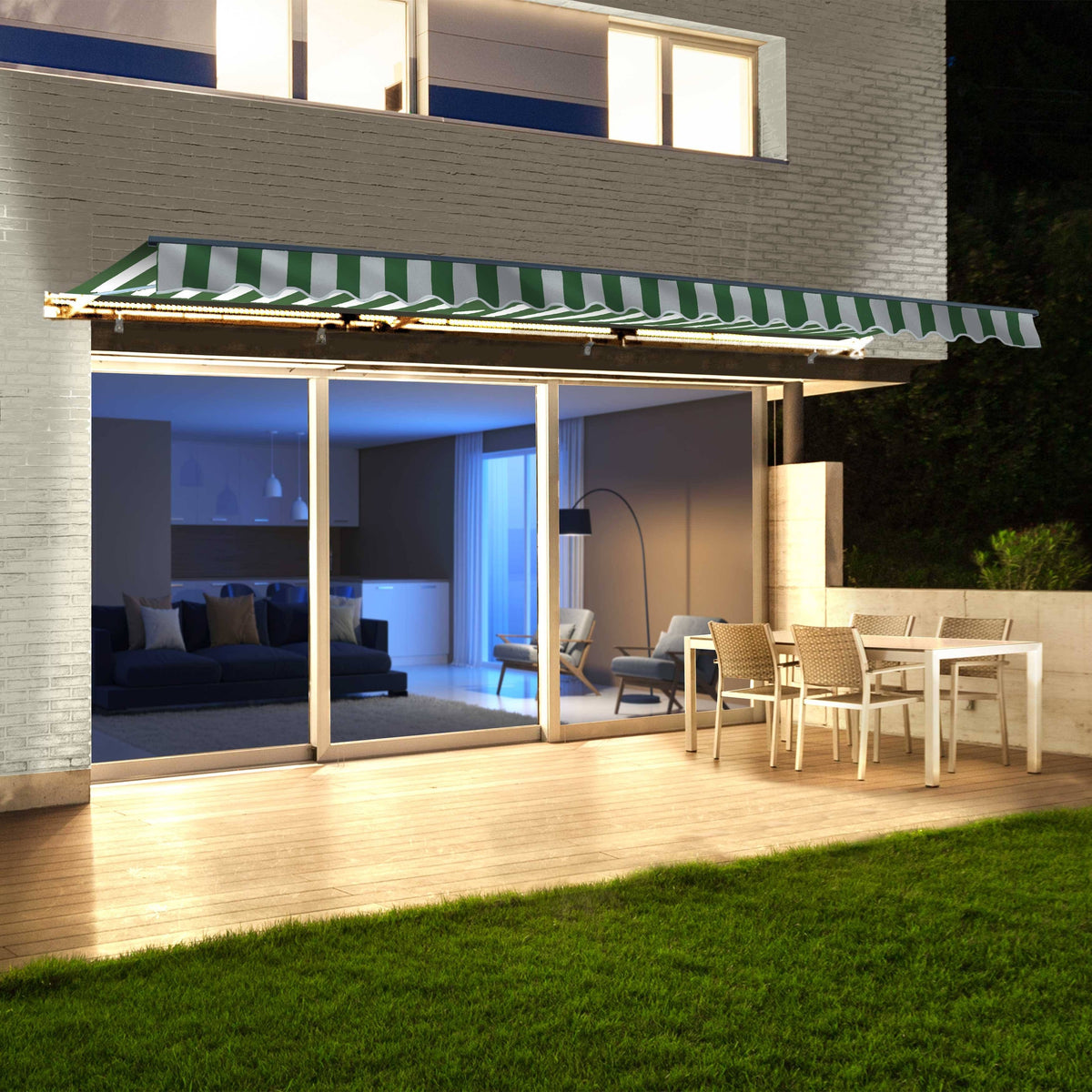 Motorized LED Half Cassette Retractable Awning 10 x 8 Feet Green/White K6015