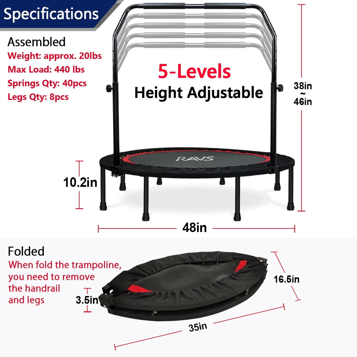 48'' Black Foldable Mini Fitness Trampoline with Handle K546854