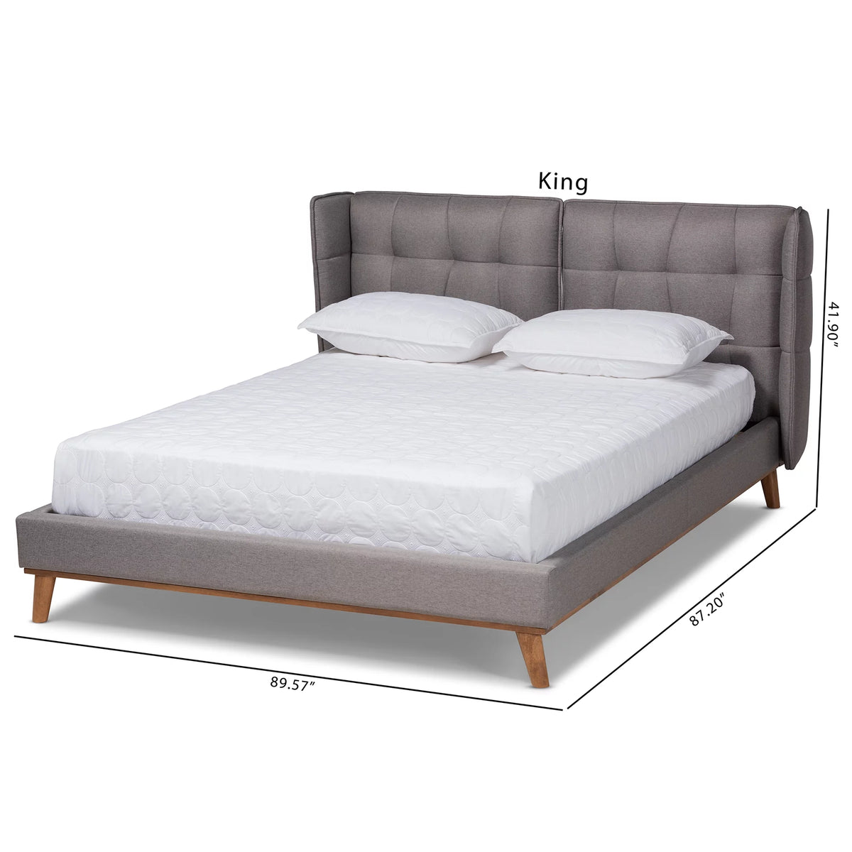Grey Fabric Upholstered Walnut Brown Wood King Size Platform Wingback Bed O4654