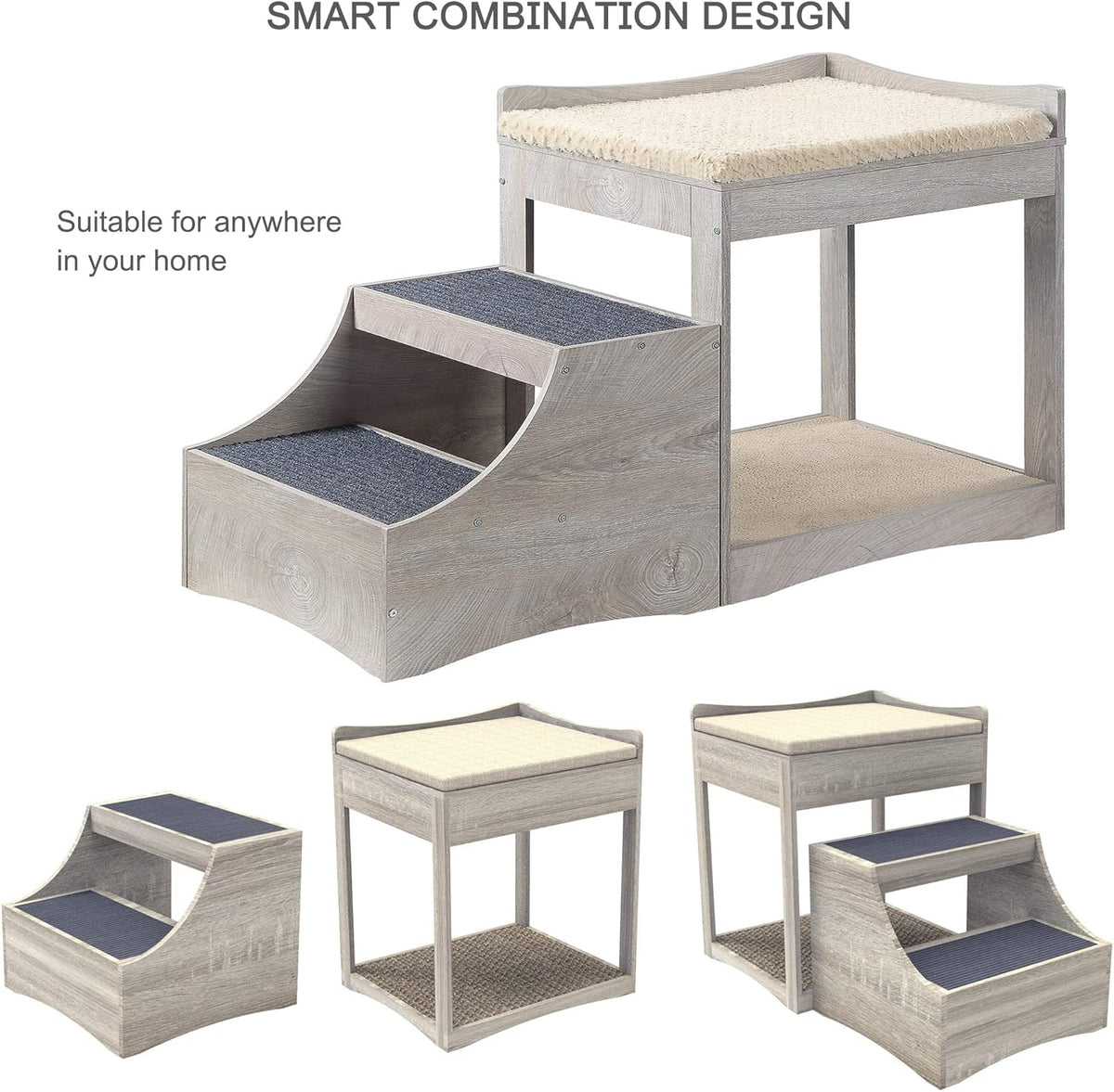 Pet Bunk Bed with Removable Step, Multi-Level Bed Window Perch Seat Platform with Cushion and Cat Scratch Pad L41407