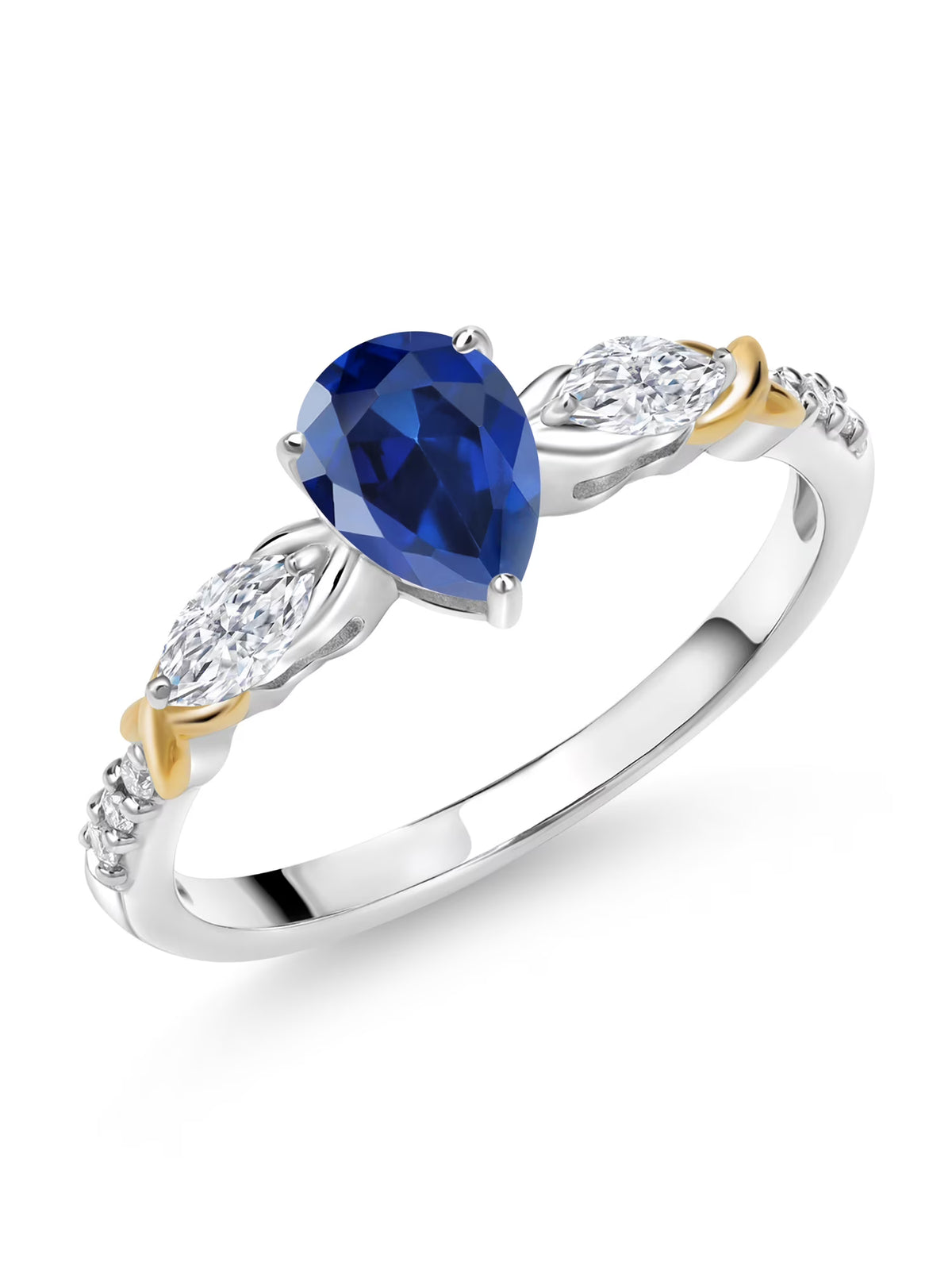 925 Silver 10K Yellow Gold Pear Shape Blue Created Sapphire White Moissanite White Lab Grown Diamond Engagement Ring S2247