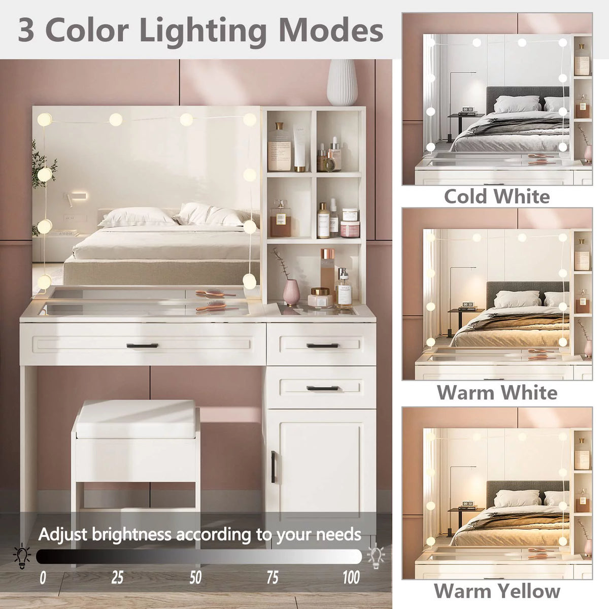 White 45in Vanity Desk Set with Lighted Mirror and Glass Desktop Y609