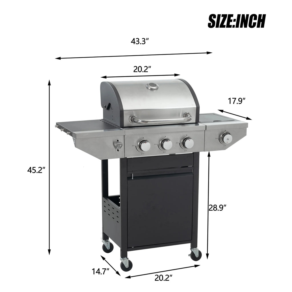 3 Burner Stainless Steel Propane Gas Grill with Side Burner O65216