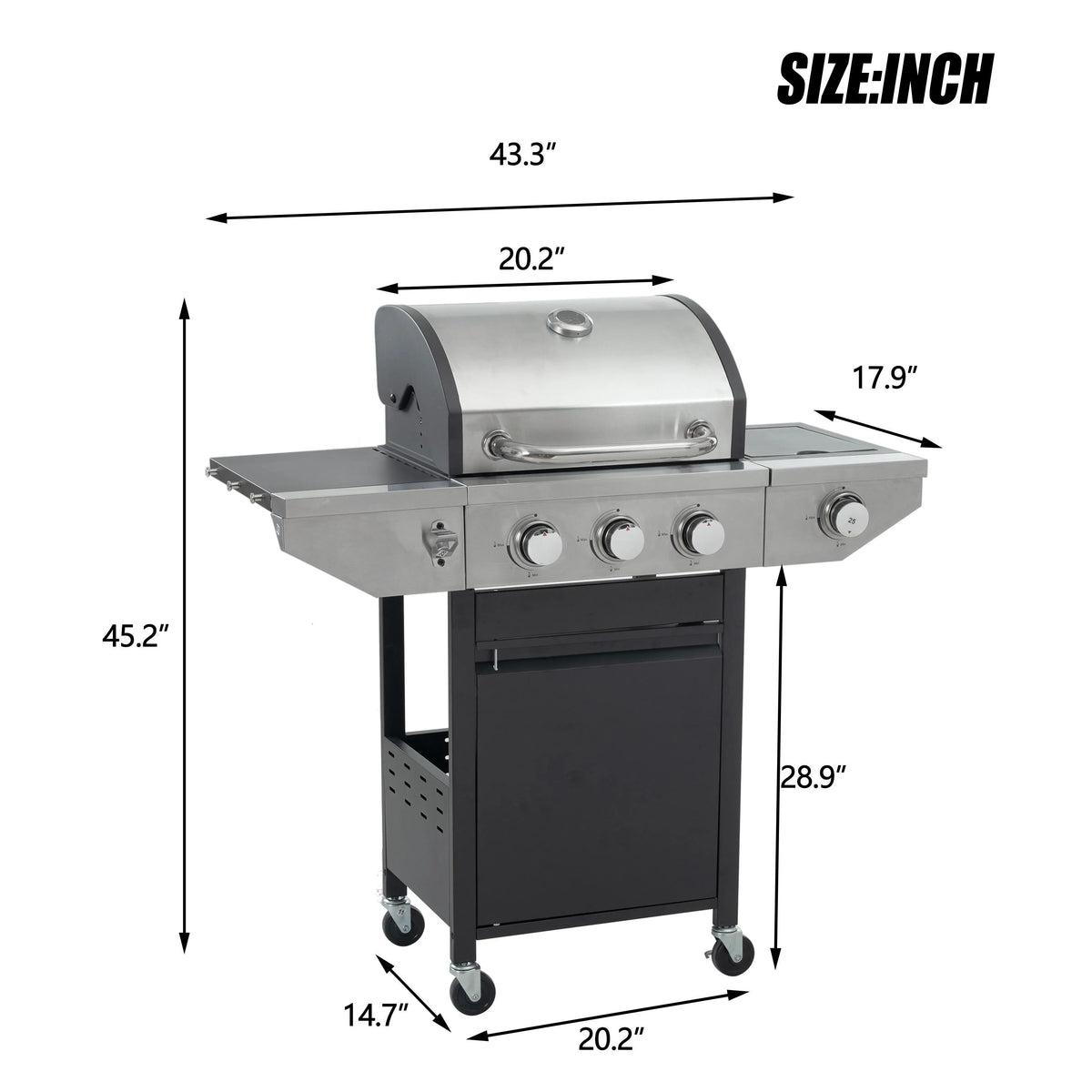 3 Burner Stainless Steel Propane Gas Grill with Side Burner O65216