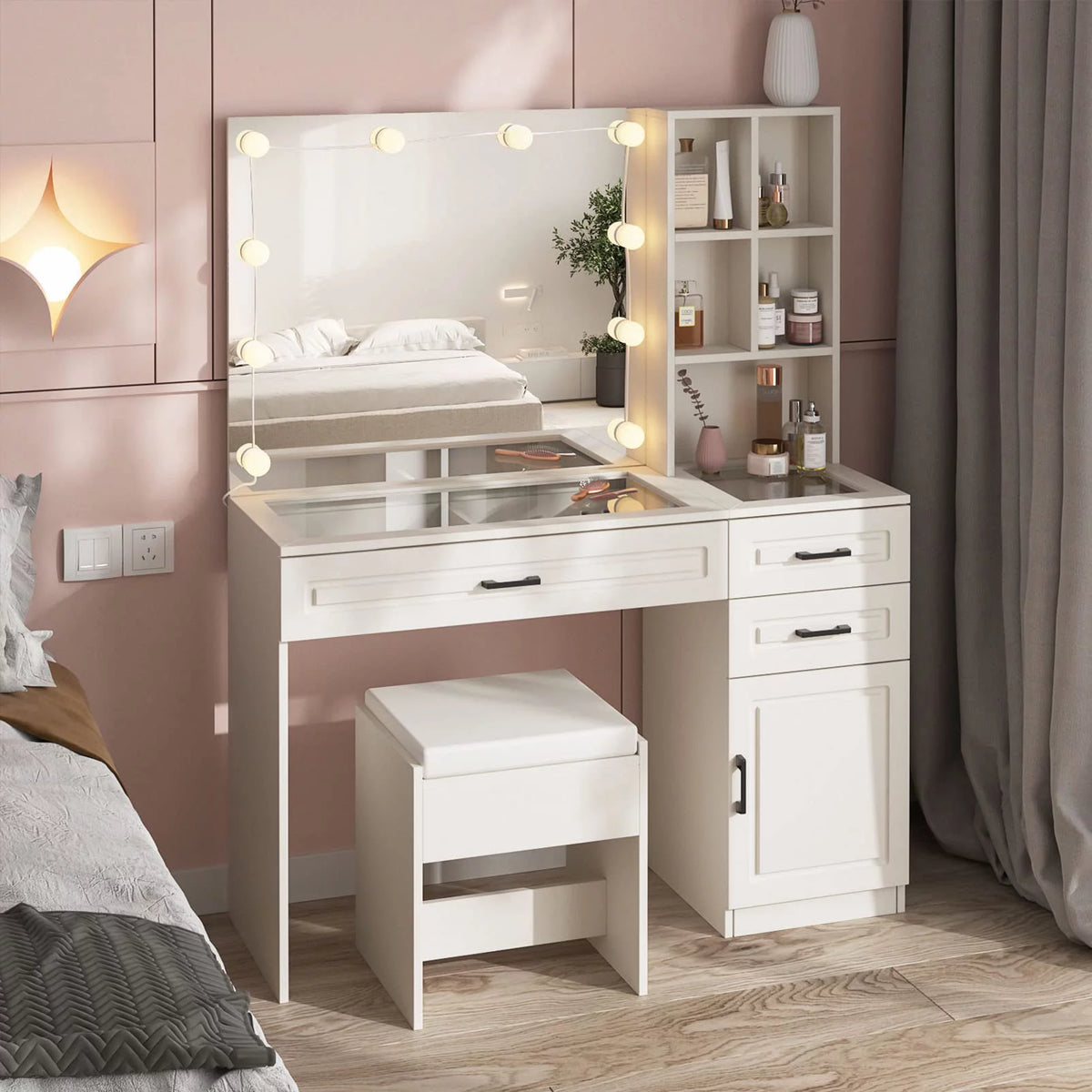 White 45in Vanity Desk Set with Lighted Mirror and Glass Desktop Y609
