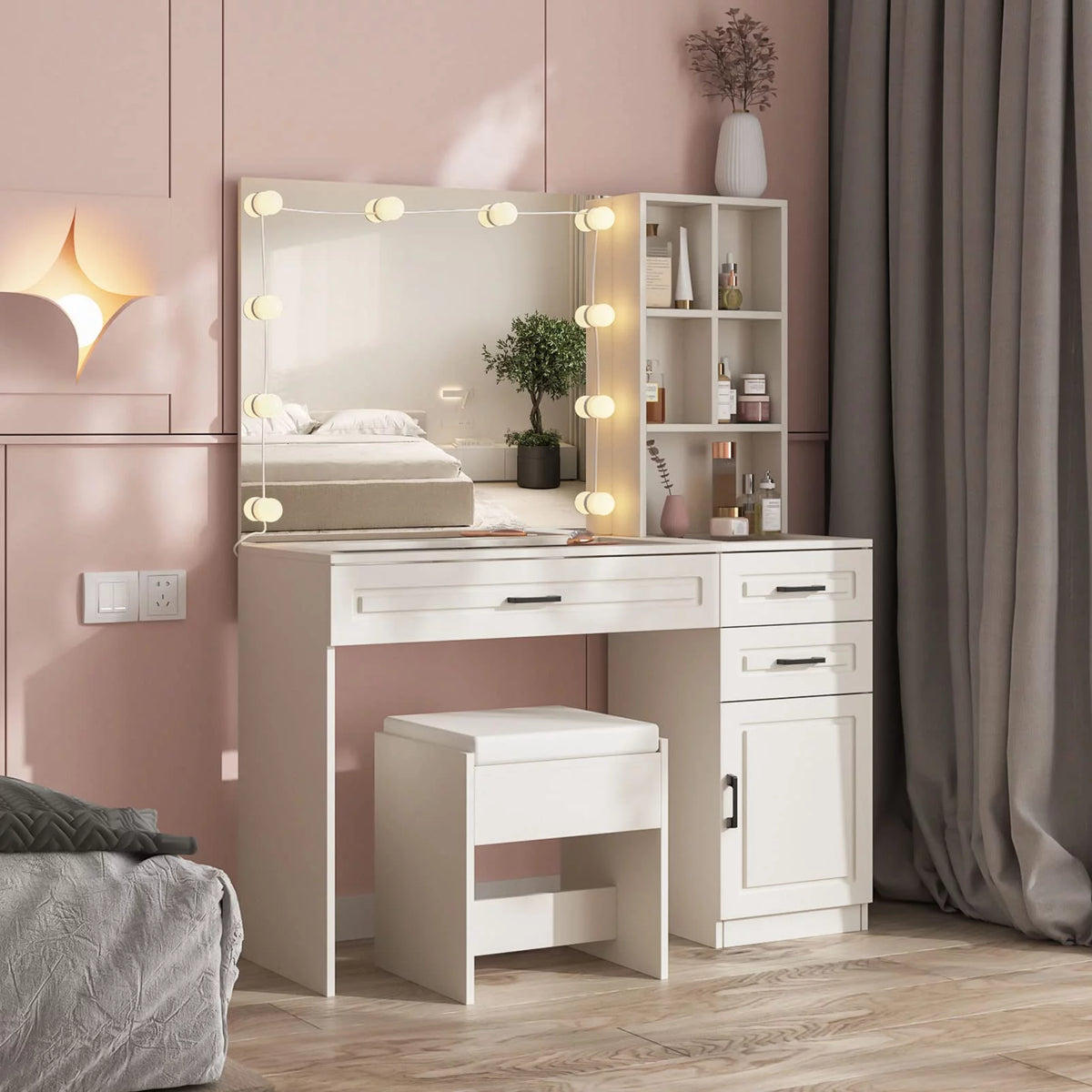 White 45in Vanity Desk Set with Lighted Mirror and Glass Desktop Y609