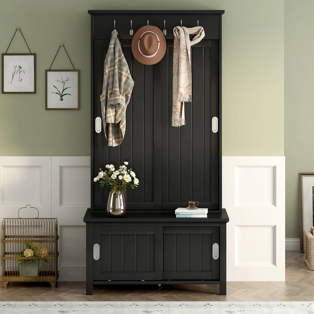 Black Wooden Hall Tree with Bench and Shoe Storage T358
