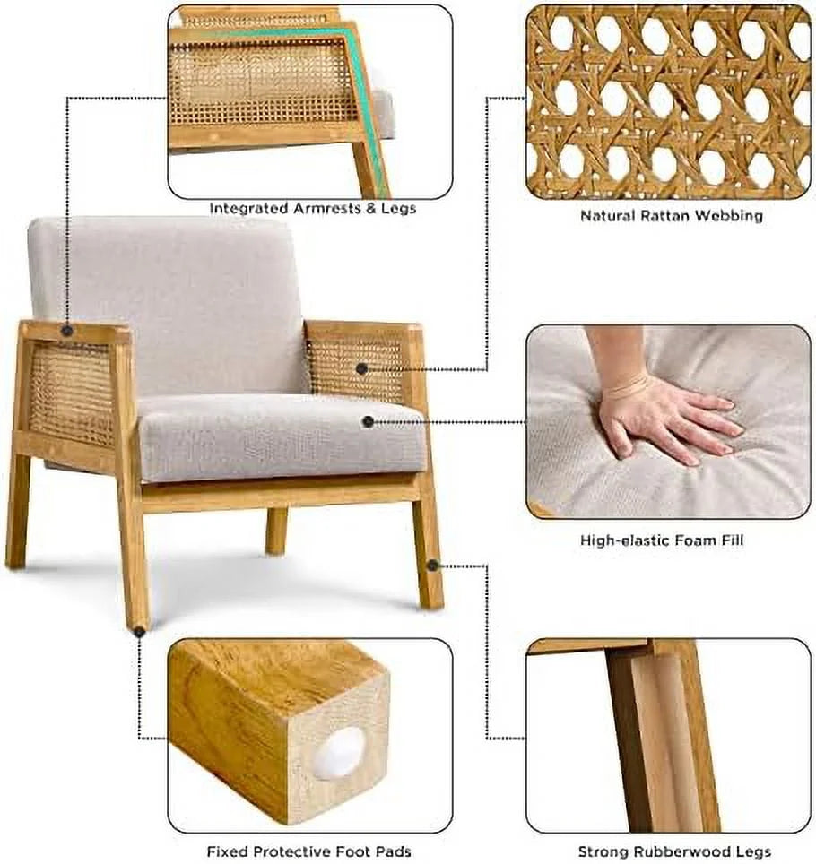 Ivory Boucle Fabric Accent Chair with Wood Armrest and Legs 2 pcs J56071